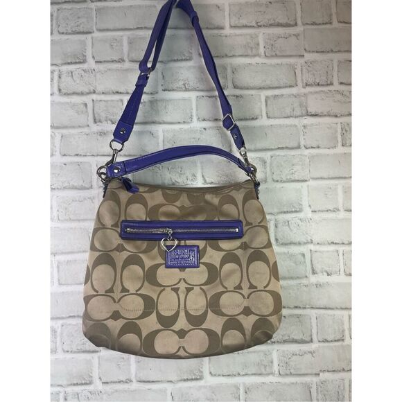 Coach Signature Stripe Hobo Bag F20064 Khaki/Blue Patent Leather Trim - Picture 1 of 16